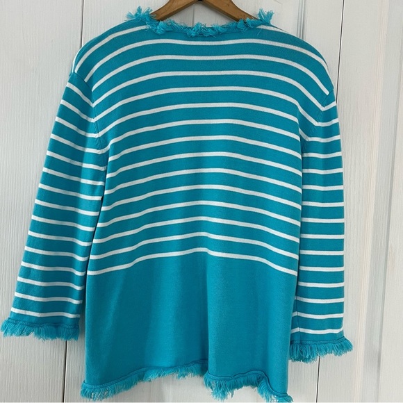 Sportelle blue & white striped cardigan sweater/embroidered palm trees. Size XL - Picture 2 of 8